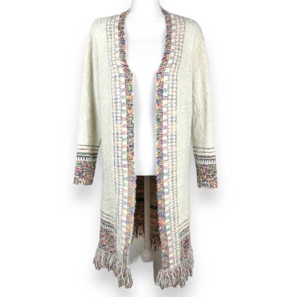 Janice Fuzzy Longline Cardigan Cream Southwestern Trim Fray Fringe Medium - Picture 1 of 14